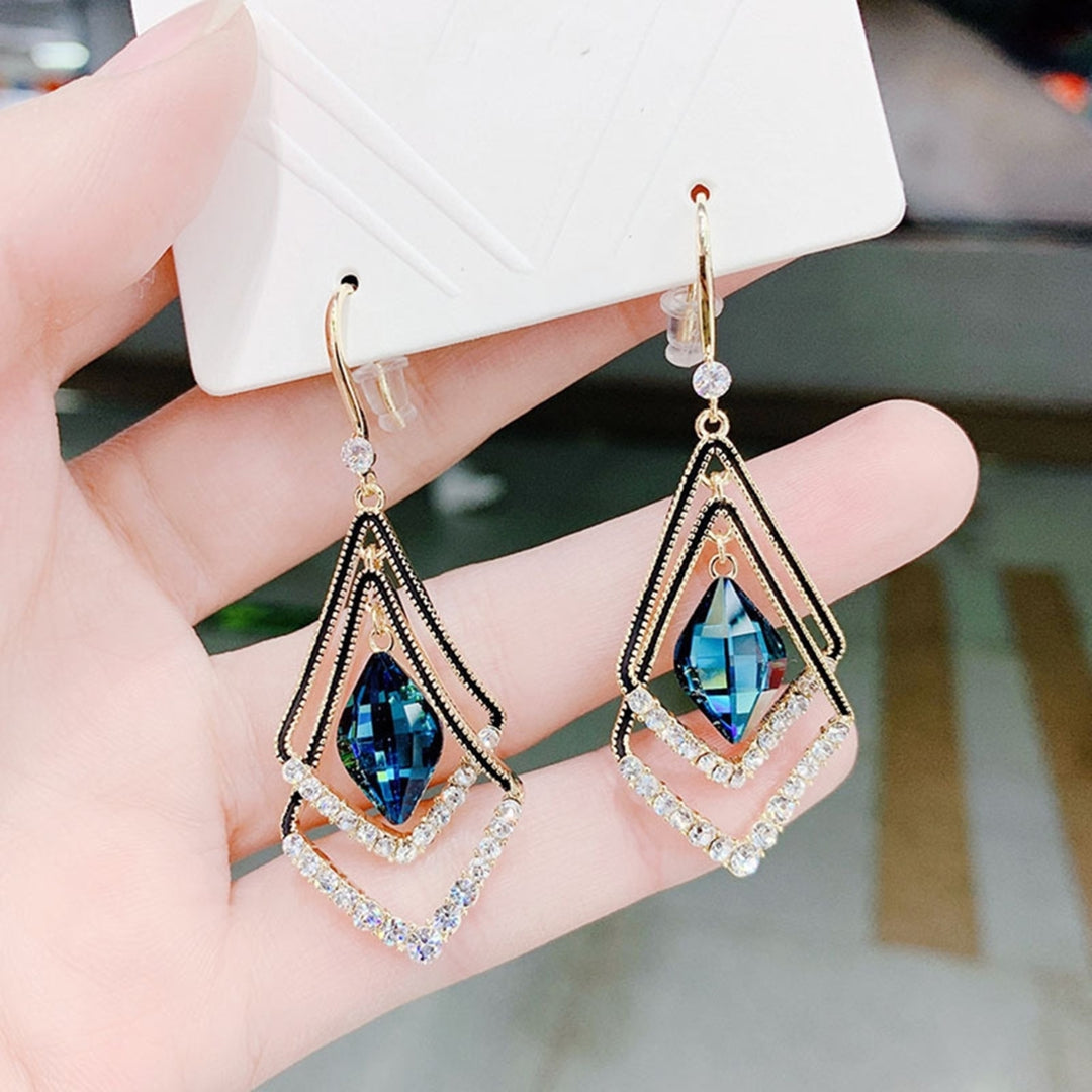 1 Pair Women Earrings Double Layer Rhombus Rhinestones Jewelry Sparkling Electroplated Hook Earrings for Banquet Image 7