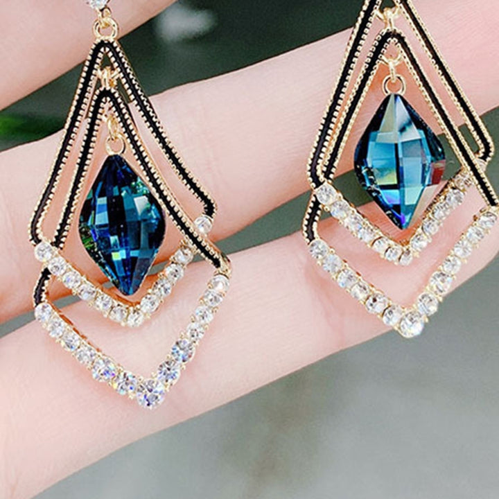 1 Pair Women Earrings Double Layer Rhombus Rhinestones Jewelry Sparkling Electroplated Hook Earrings for Banquet Image 9