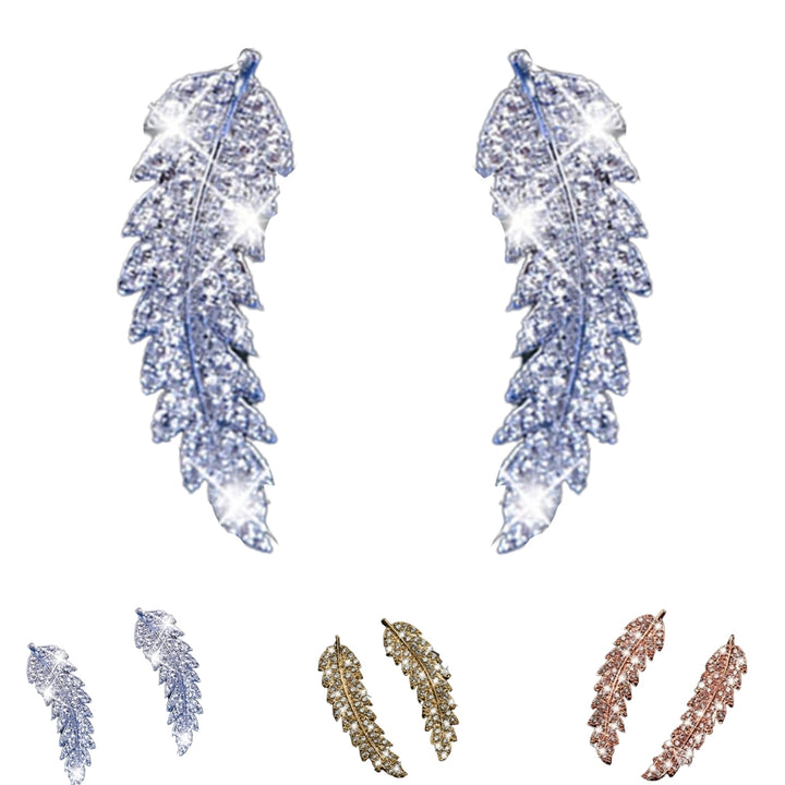 1 Pair Women Earrings Leaf Rhinestones Jewelry Electroplating Sparkling Stud Earrings for Wedding Image 9