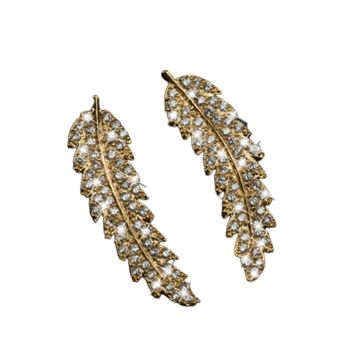 1 Pair Women Earrings Leaf Rhinestones Jewelry Electroplating Sparkling Stud Earrings for Wedding Image 1