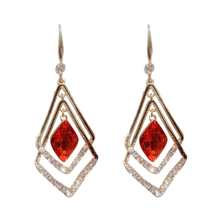 1 Pair Women Earrings Double Layer Rhombus Rhinestones Jewelry Sparkling Electroplated Hook Earrings for Banquet Image 1