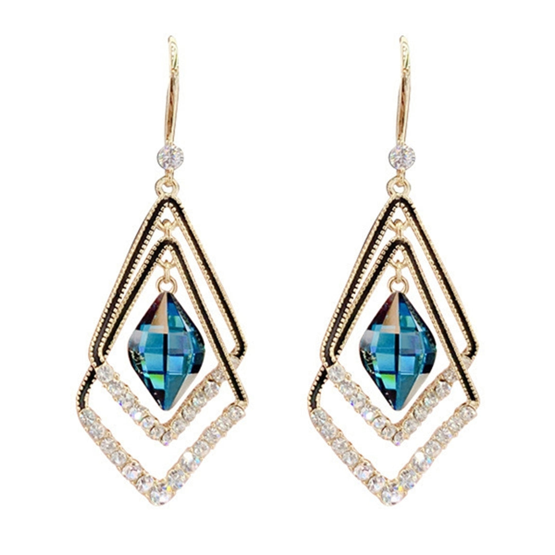 1 Pair Women Earrings Double Layer Rhombus Rhinestones Jewelry Sparkling Electroplated Hook Earrings for Banquet Image 12