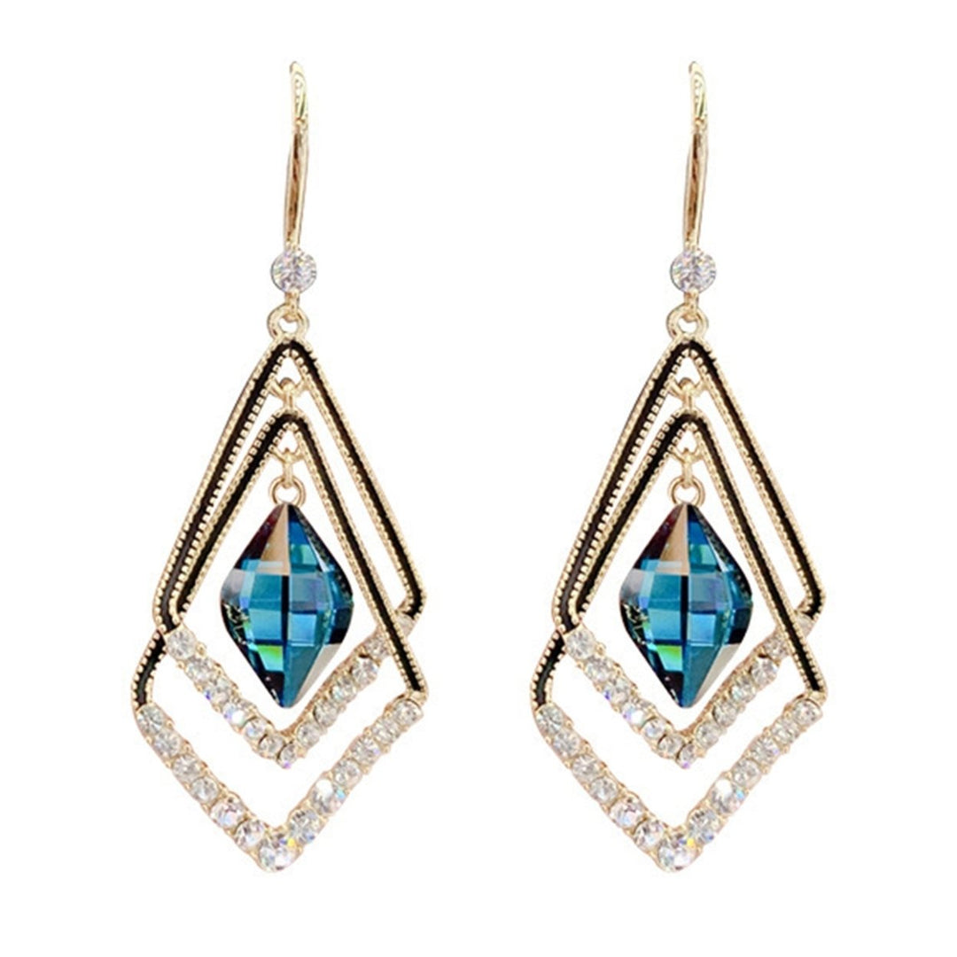 1 Pair Women Earrings Double Layer Rhombus Rhinestones Jewelry Sparkling Electroplated Hook Earrings for Banquet Image 1
