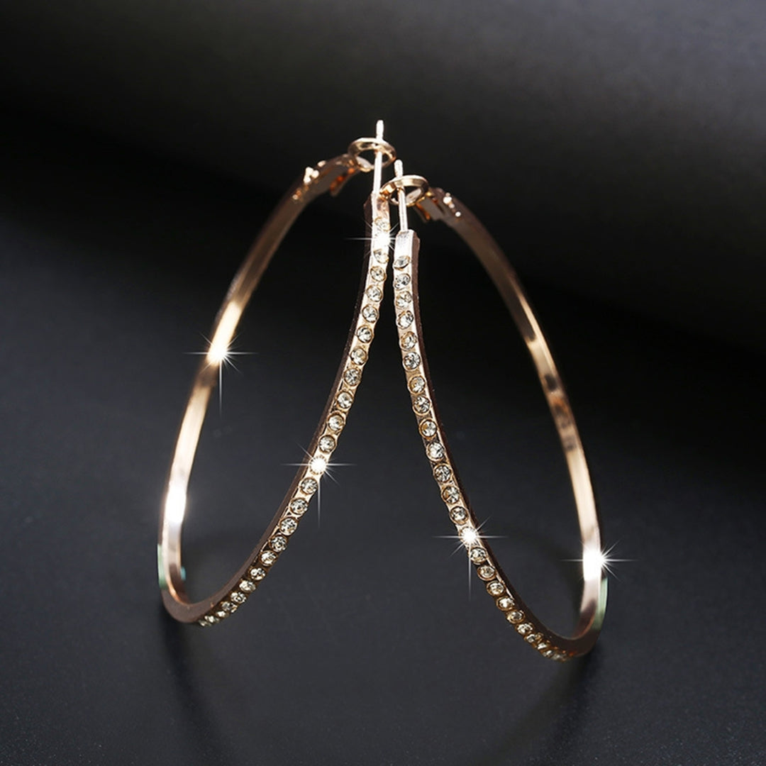 1 Pair Lady Hoop Earrings Rhinestone Round Lightweight Shiny Women Earrings for Shopping Image 3