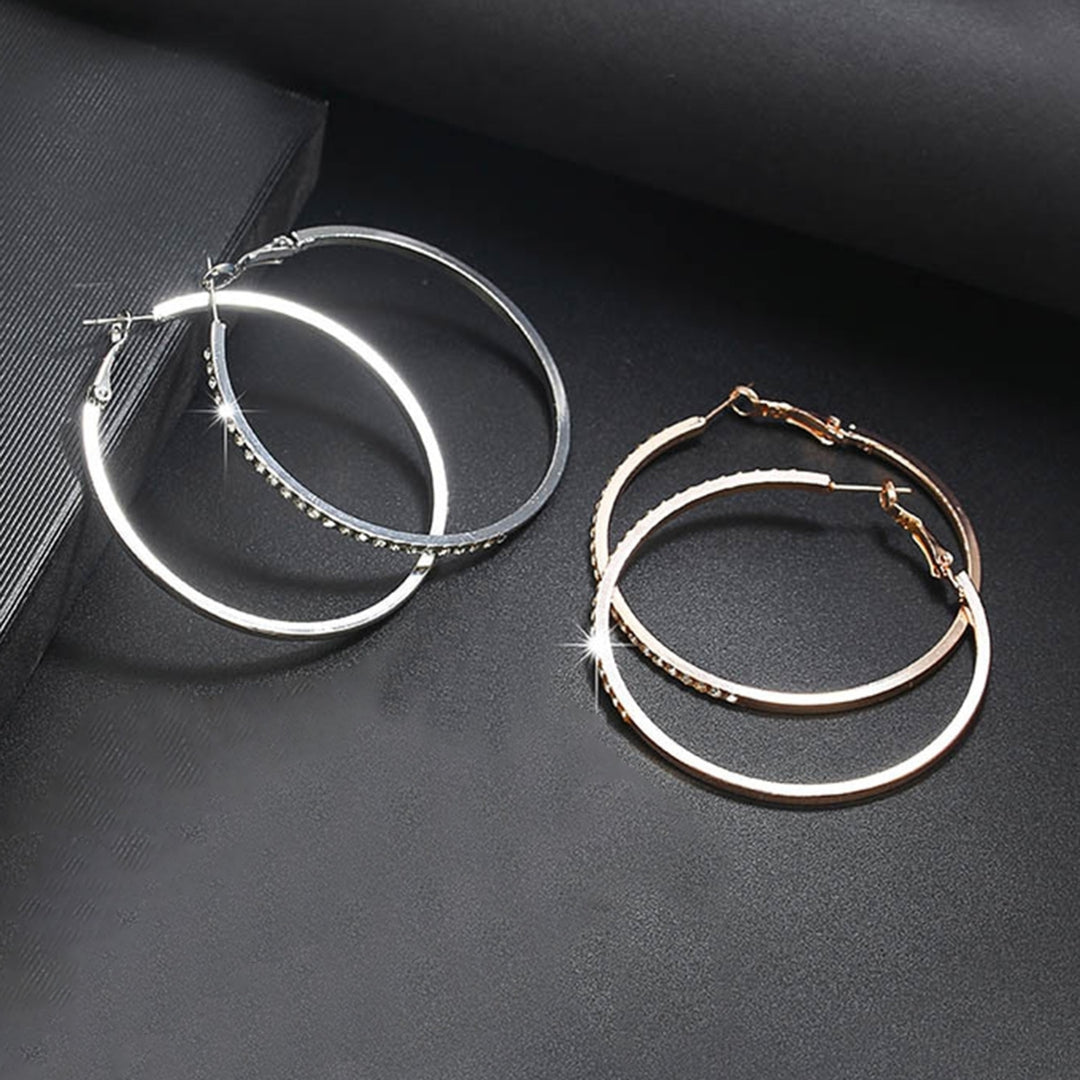 1 Pair Lady Hoop Earrings Rhinestone Round Lightweight Shiny Women Earrings for Shopping Image 4