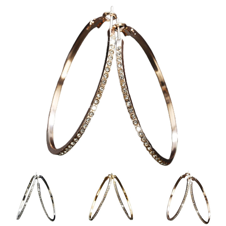1 Pair Lady Hoop Earrings Rhinestone Round Lightweight Shiny Women Earrings for Shopping Image 7