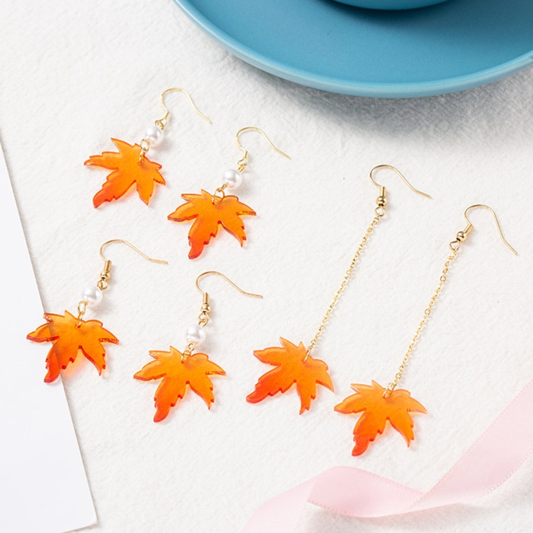 1 Pair Faux Pearl Decor Drop Earrings Chain Tassel Orange Simple Maple Leaves Hook Earrings Jewelry Gift Image 1