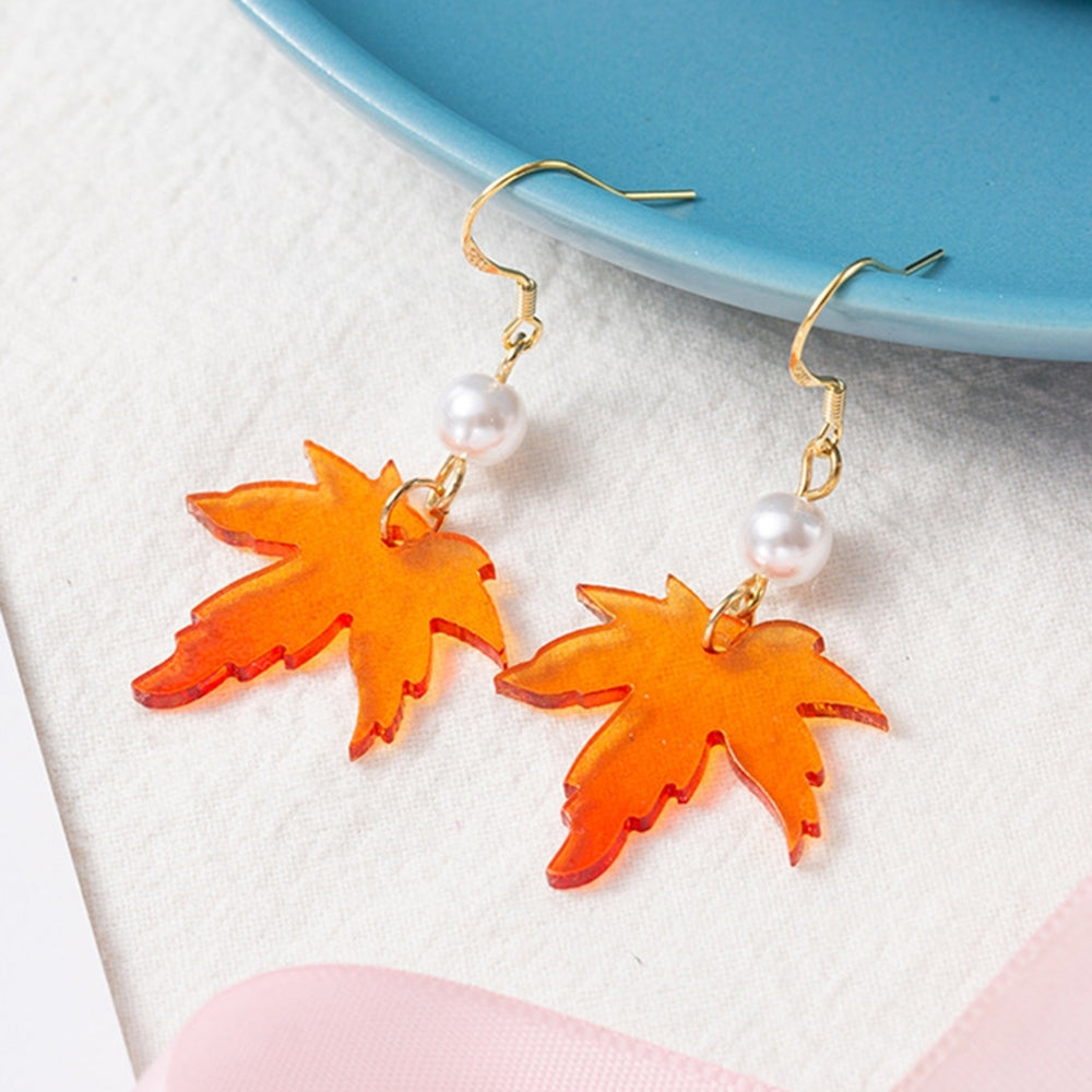 1 Pair Faux Pearl Decor Drop Earrings Chain Tassel Orange Simple Maple Leaves Hook Earrings Jewelry Gift Image 2