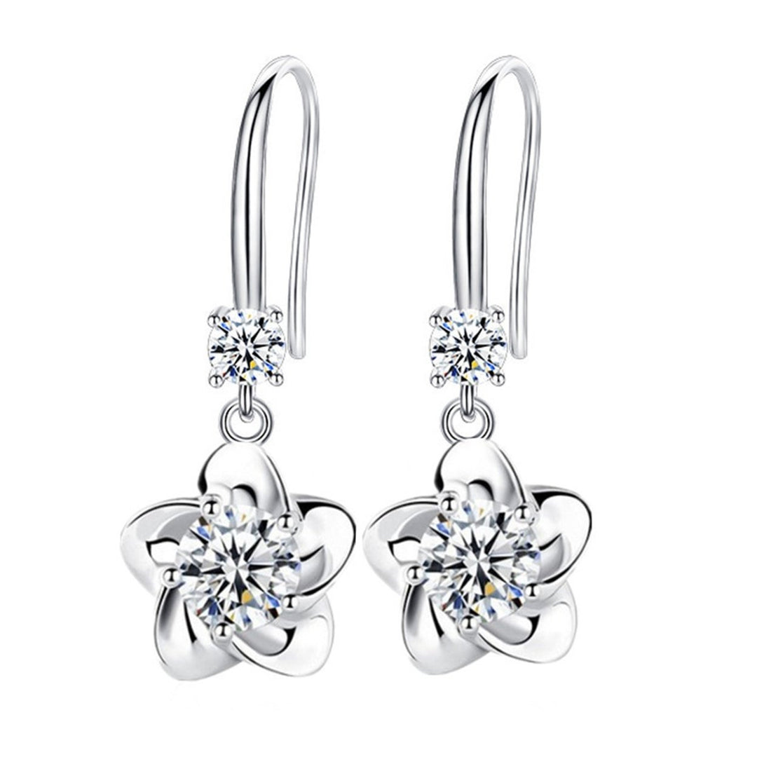 1 Pair Women Earrings Flower Shape Shiny Rhinestone Symmetric Drop Earrings for Gift Image 1