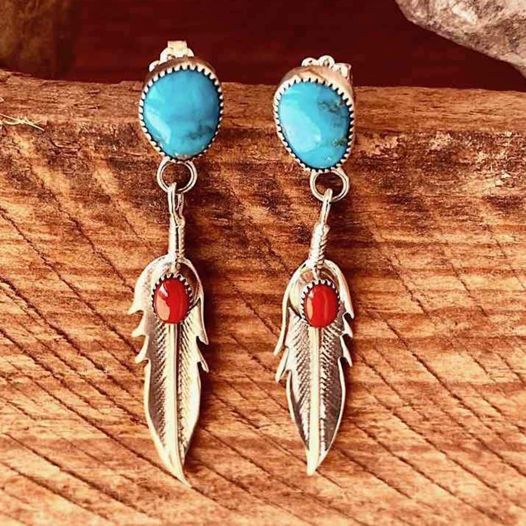 1 Pair Drop Earrings Feather Faux Turquoise Ladies Elegant Long Lasting Dangle Earrings for Banquet Image 1