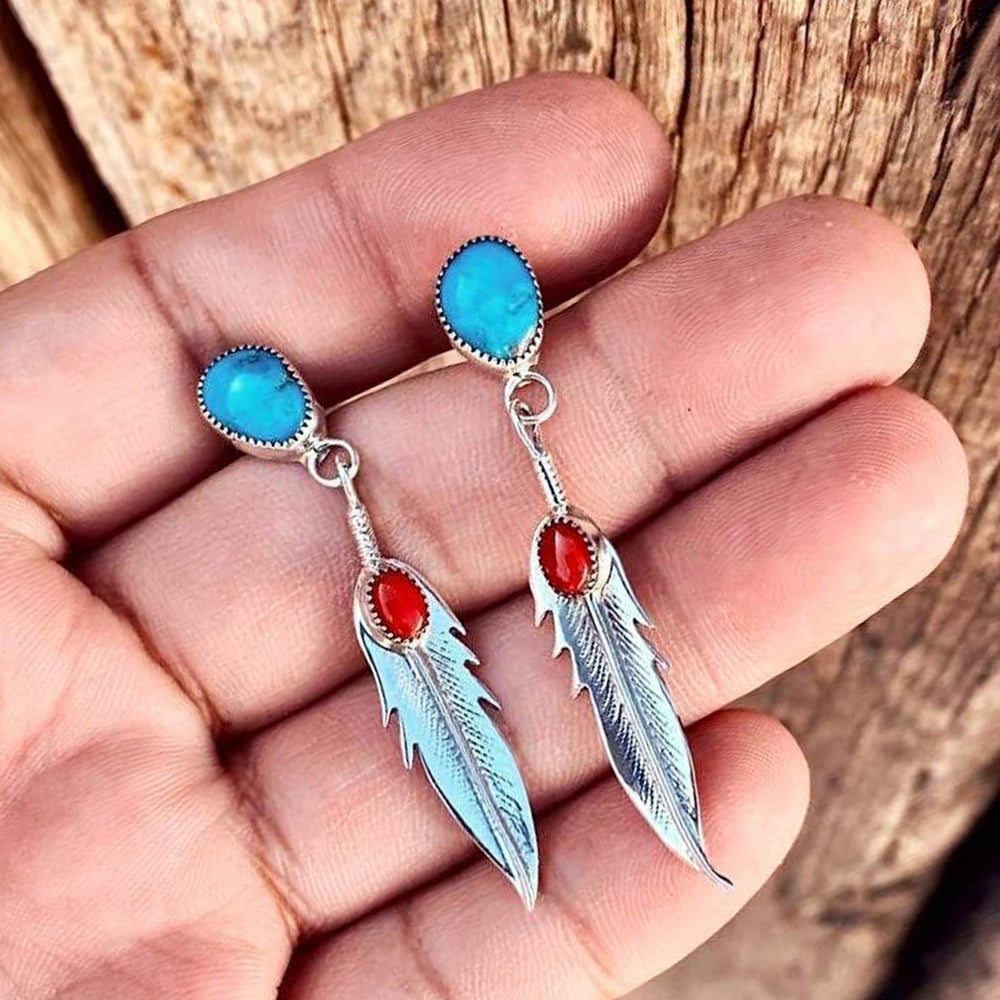 1 Pair Drop Earrings Feather Faux Turquoise Ladies Elegant Long Lasting Dangle Earrings for Banquet Image 2