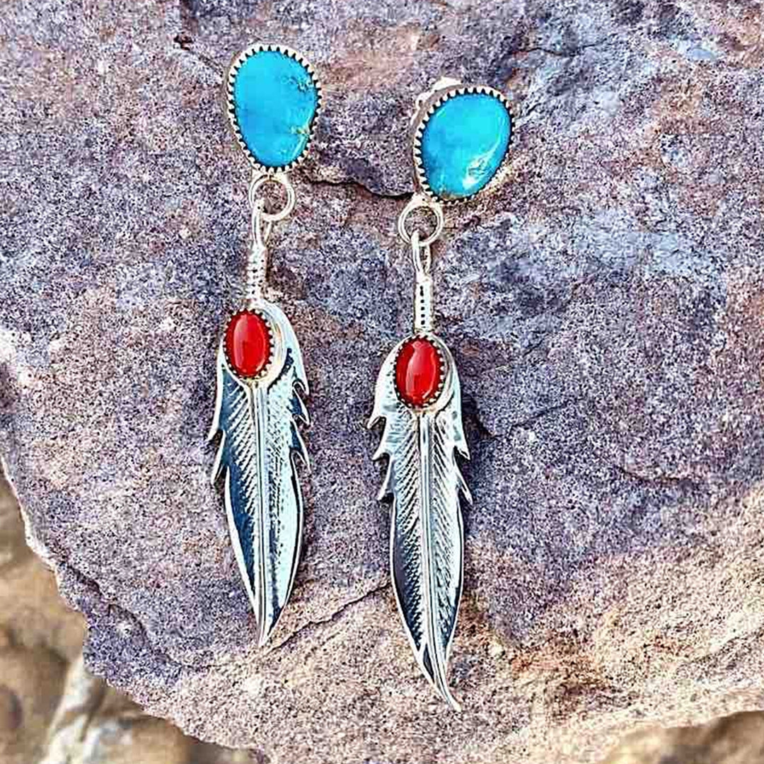 1 Pair Drop Earrings Feather Faux Turquoise Ladies Elegant Long Lasting Dangle Earrings for Banquet Image 3