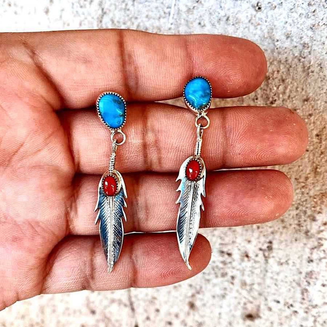 1 Pair Drop Earrings Feather Faux Turquoise Ladies Elegant Long Lasting Dangle Earrings for Banquet Image 4