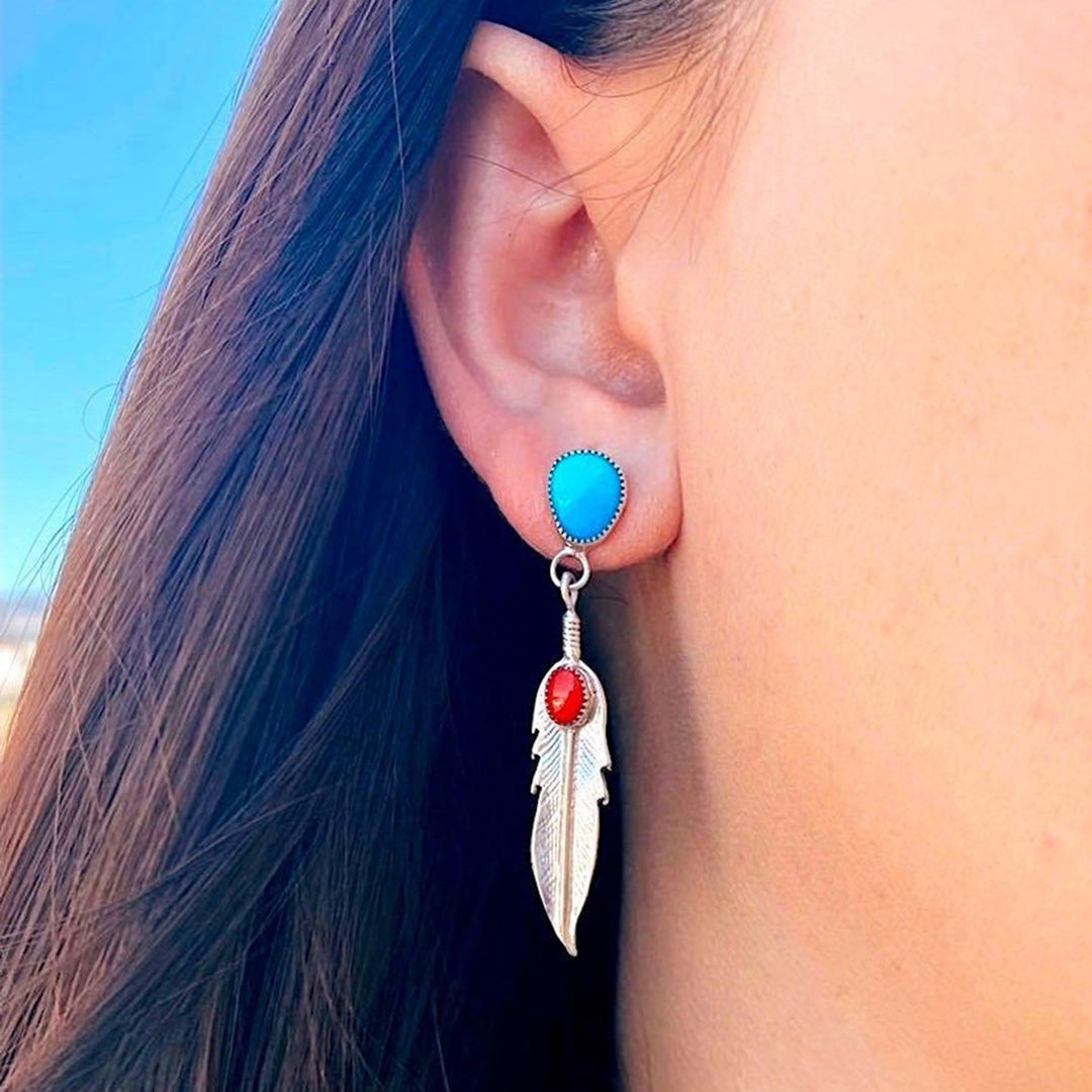 1 Pair Drop Earrings Feather Faux Turquoise Ladies Elegant Long Lasting Dangle Earrings for Banquet Image 4