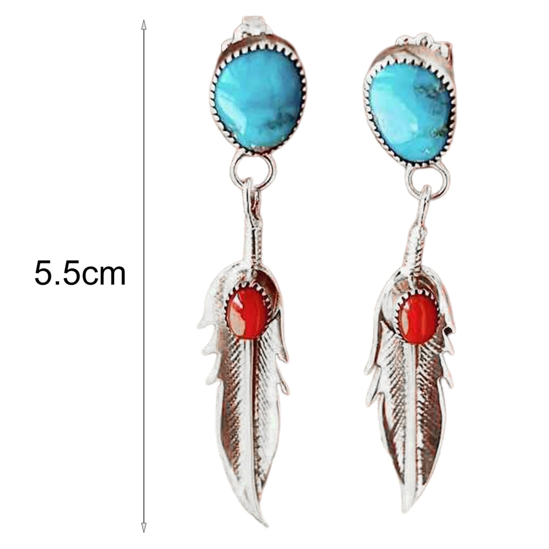 1 Pair Drop Earrings Feather Faux Turquoise Ladies Elegant Long Lasting Dangle Earrings for Banquet Image 6