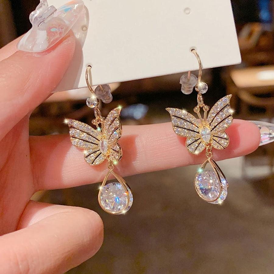 1 Pair Hook Earrings Butterfly Shape Rhinestones Accessory Electroplating Long Lasting Drop Earrings for Wedding Image 1