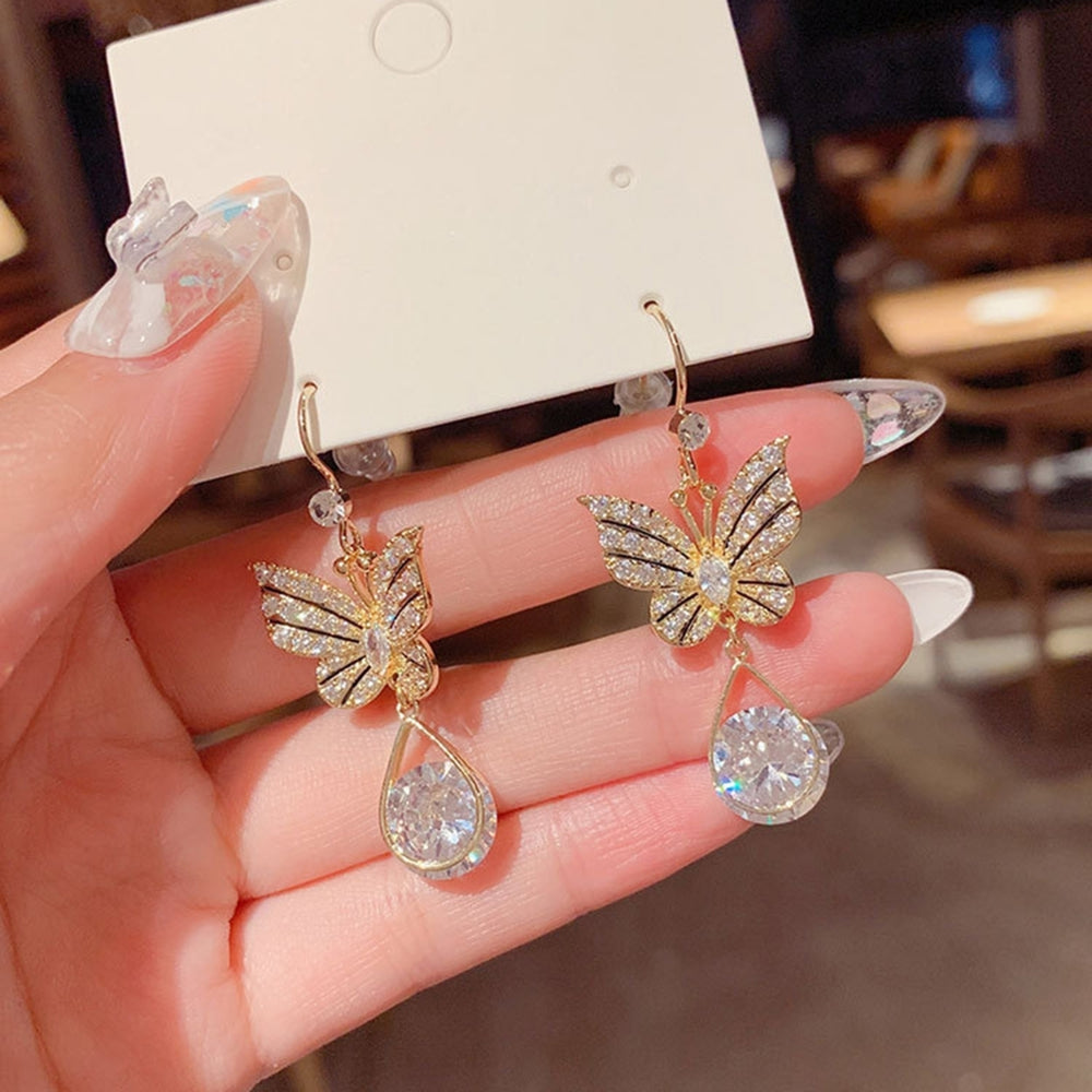 1 Pair Hook Earrings Butterfly Shape Rhinestones Accessory Electroplating Long Lasting Drop Earrings for Wedding Image 2