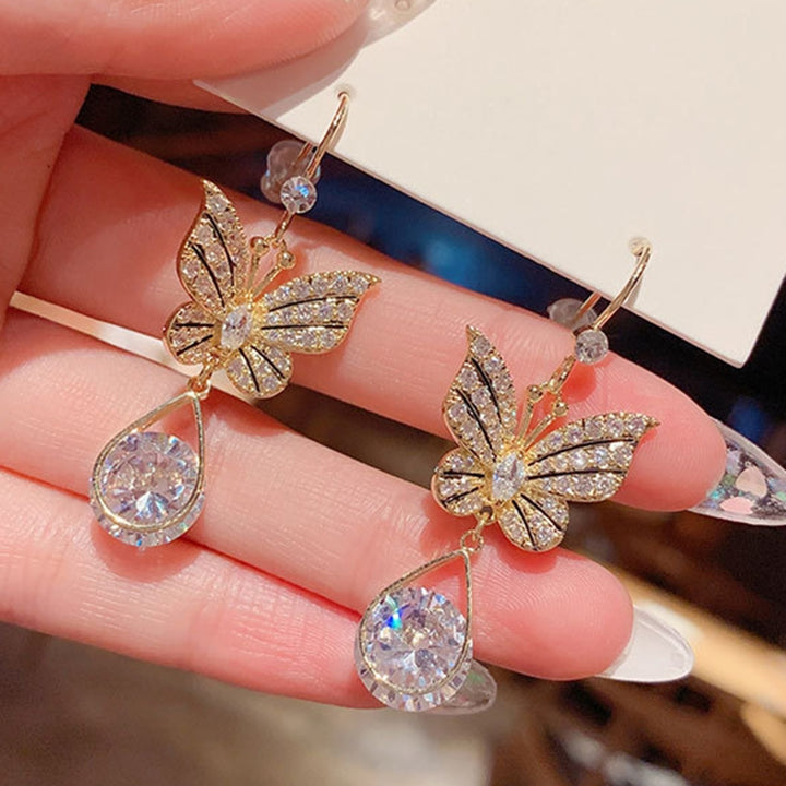 1 Pair Hook Earrings Butterfly Shape Rhinestones Accessory Electroplating Long Lasting Drop Earrings for Wedding Image 3