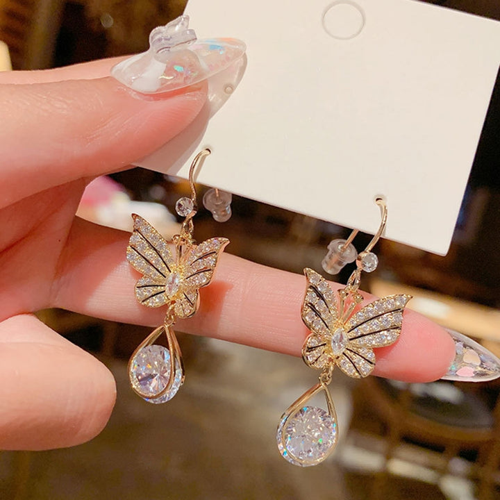1 Pair Hook Earrings Butterfly Shape Rhinestones Accessory Electroplating Long Lasting Drop Earrings for Wedding Image 4
