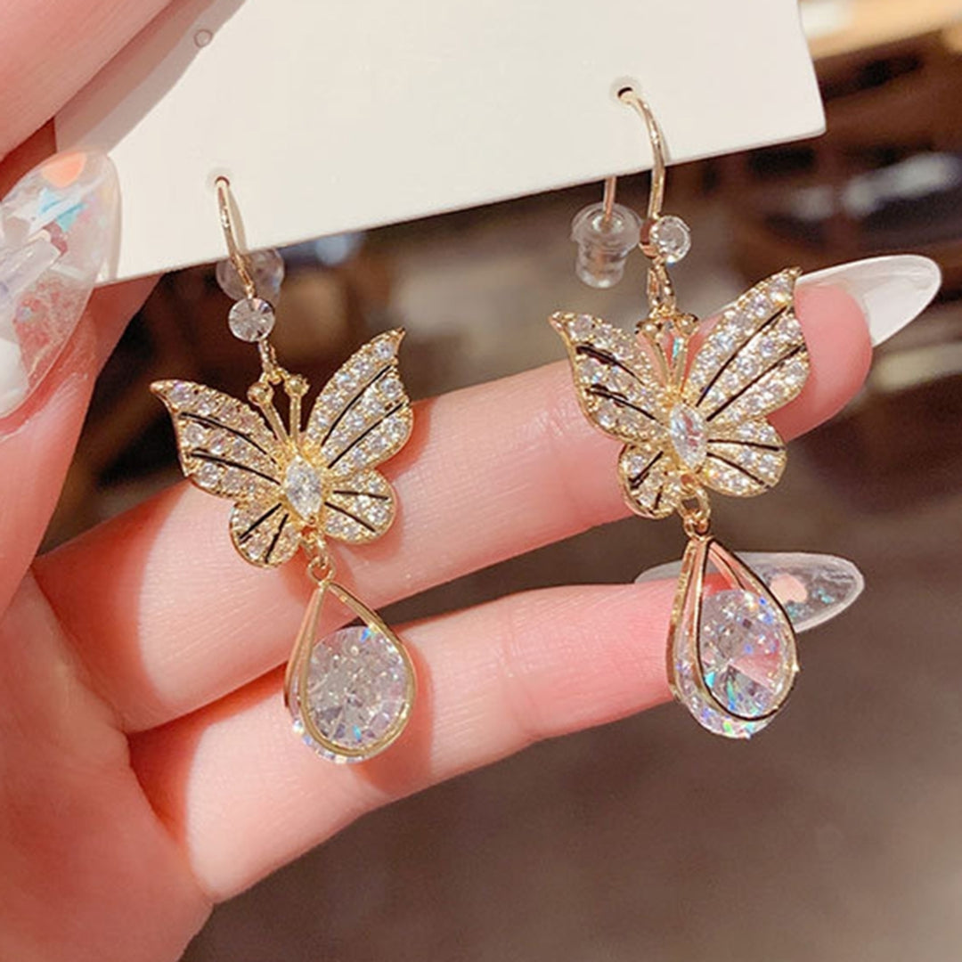 1 Pair Hook Earrings Butterfly Shape Rhinestones Accessory Electroplating Long Lasting Drop Earrings for Wedding Image 7