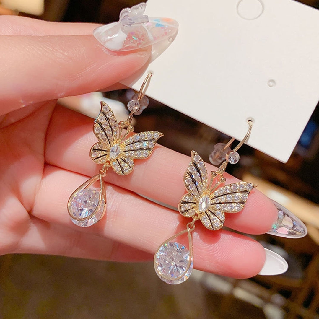 1 Pair Hook Earrings Butterfly Shape Rhinestones Accessory Electroplating Long Lasting Drop Earrings for Wedding Image 8