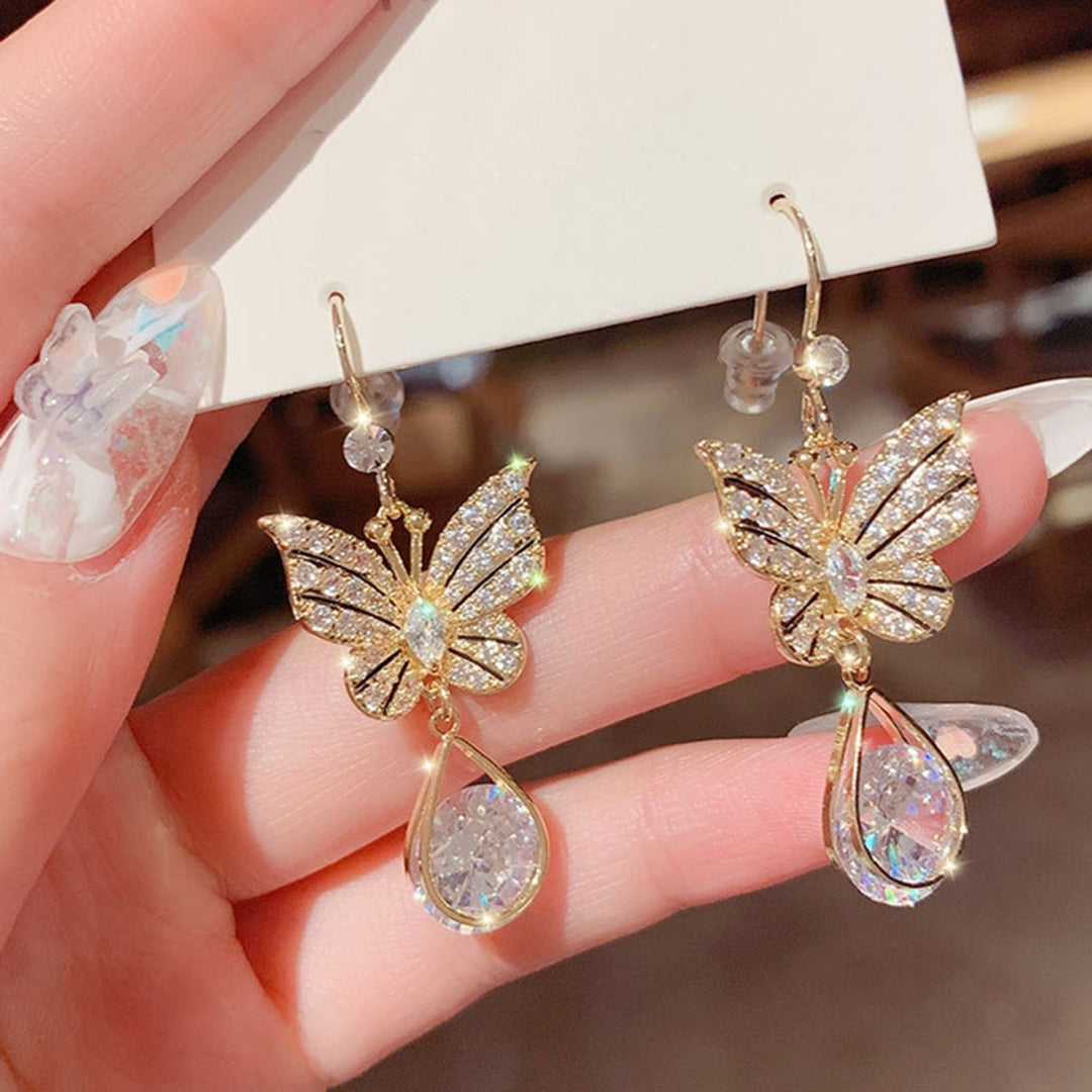 1 Pair Hook Earrings Butterfly Shape Rhinestones Accessory Electroplating Long Lasting Drop Earrings for Wedding Image 9