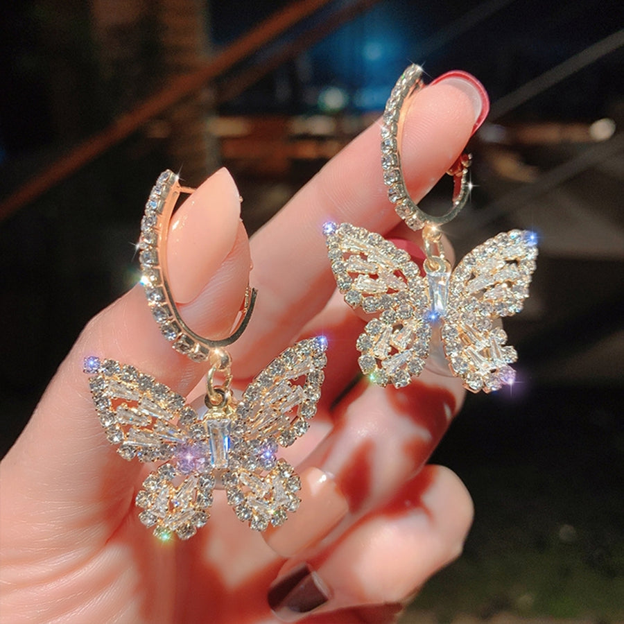 1 Pair Women Earrings Shiny Rhinestone Butterfly Shape Exquisite Dangle Earrings for Gift Image 1