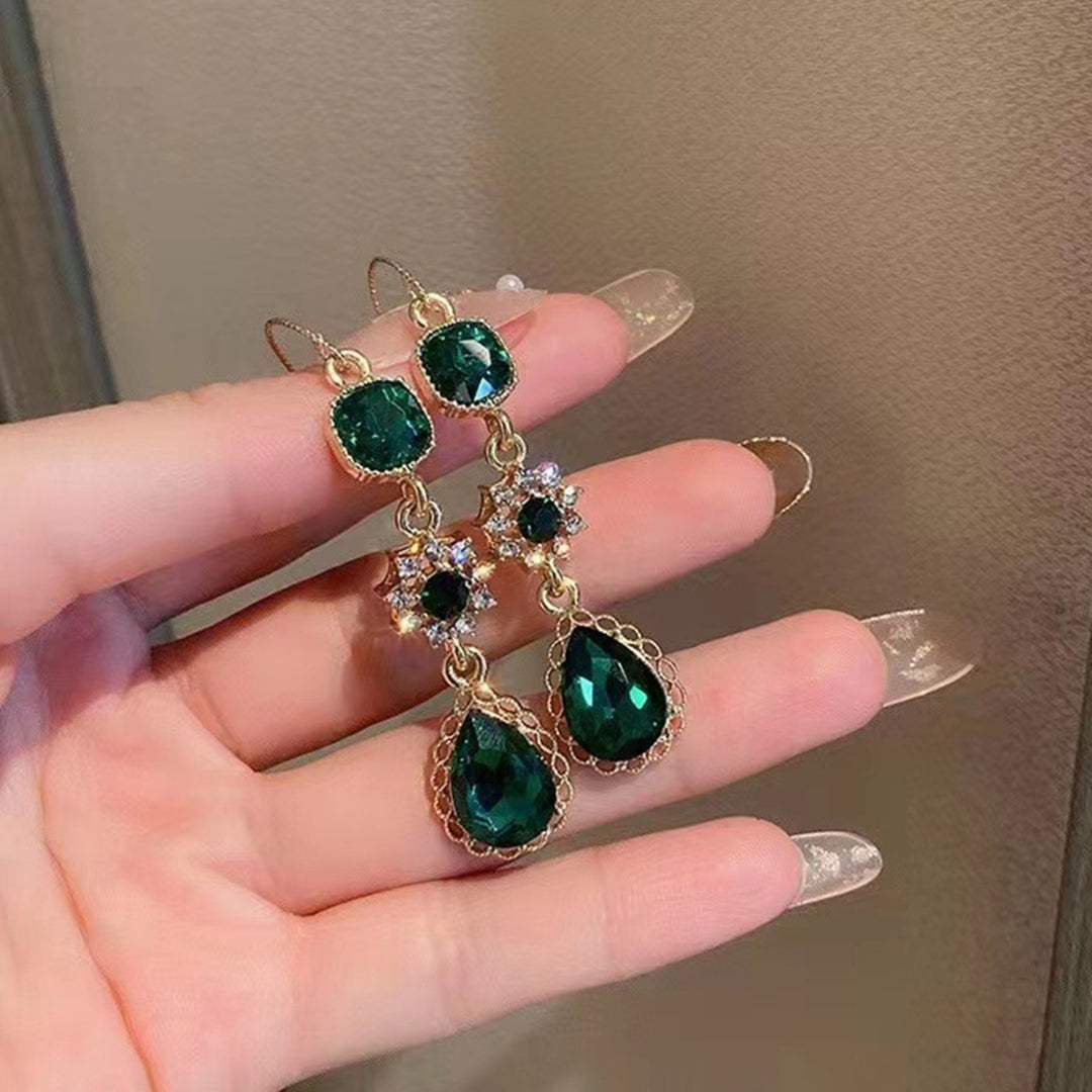 1 Pair Dangle Earrings Long Emerald Flower Shape Eye-catching Water Drop Earrings for Gift Image 1