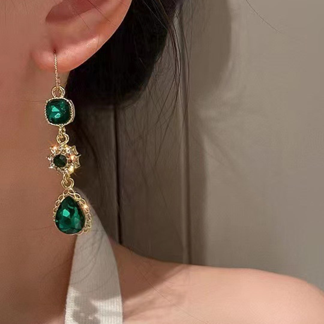 1 Pair Dangle Earrings Long Emerald Flower Shape Eye-catching Water Drop Earrings for Gift Image 3
