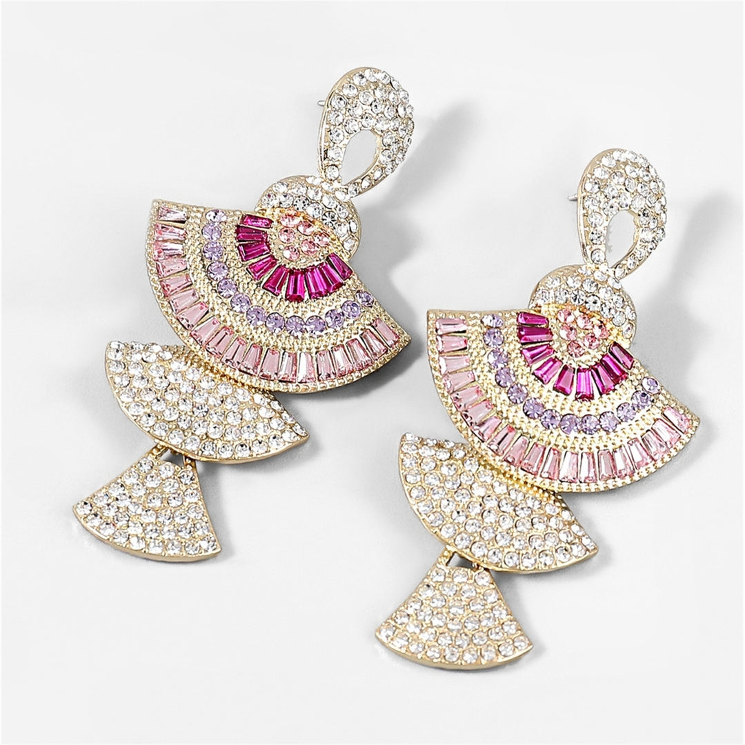 1 Pair Lady Earrings Shiny Rhinestone Inlaid Colorful Fan-shaped Long Dangle Earrings for Banquet Image 2