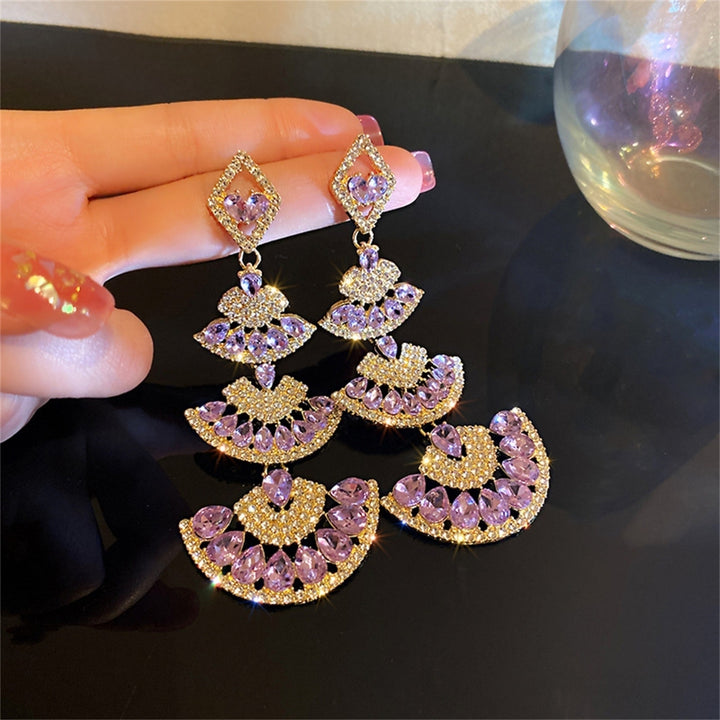 1 Pair Lady Dangle Earrings Rhinestone Multi-layer Shiny Fan-shaped Long Dangle Earrings for Gift Image 1