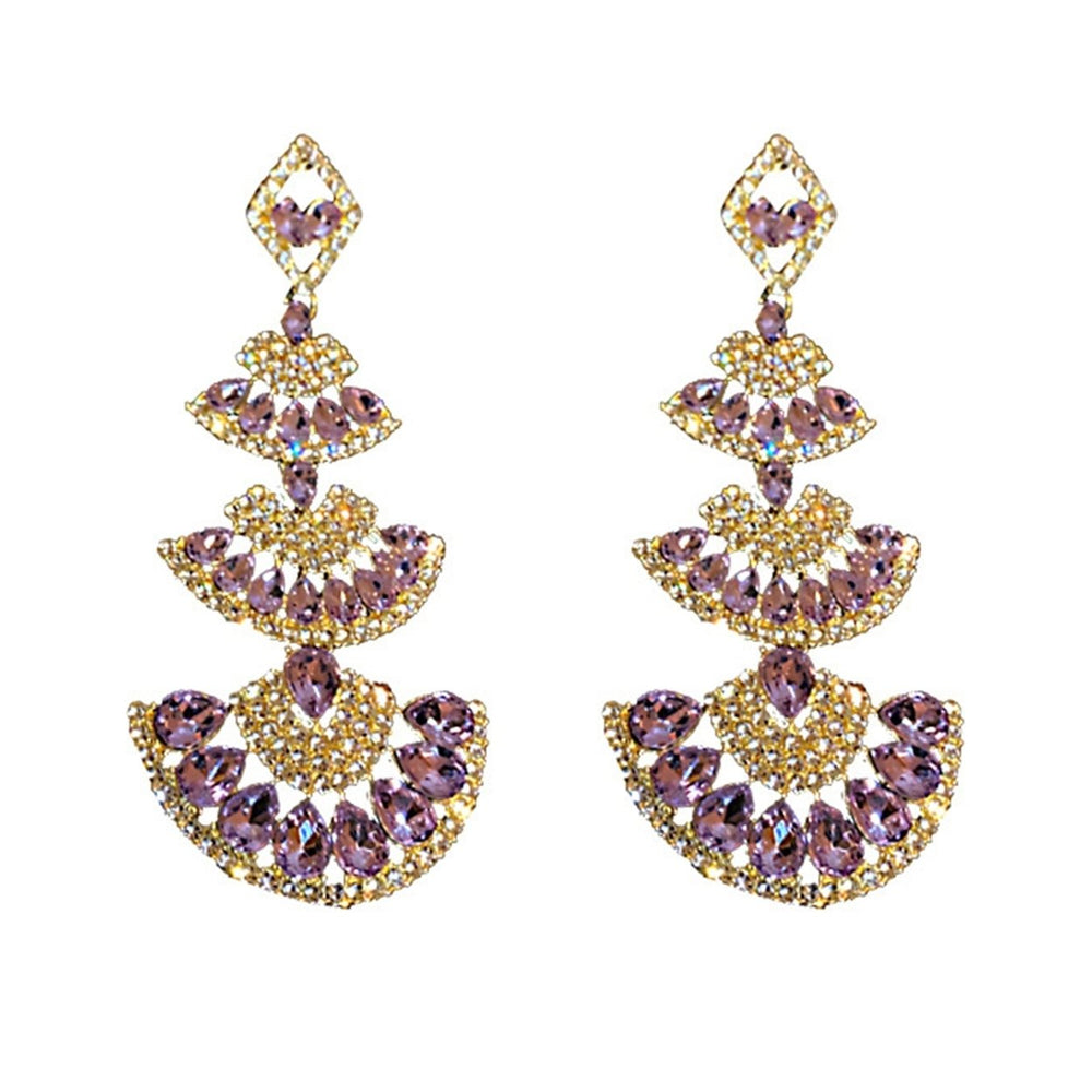 1 Pair Lady Dangle Earrings Rhinestone Multi-layer Shiny Fan-shaped Long Dangle Earrings for Gift Image 2