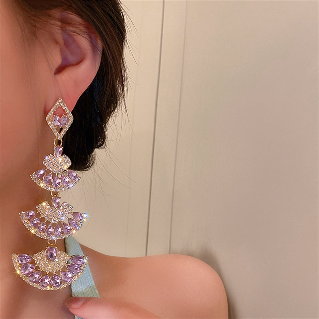 1 Pair Lady Dangle Earrings Rhinestone Multi-layer Shiny Fan-shaped Long Dangle Earrings for Gift Image 4