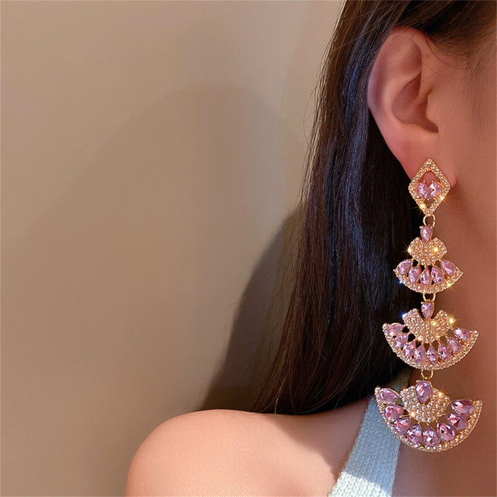 1 Pair Lady Dangle Earrings Rhinestone Multi-layer Shiny Fan-shaped Long Dangle Earrings for Gift Image 6