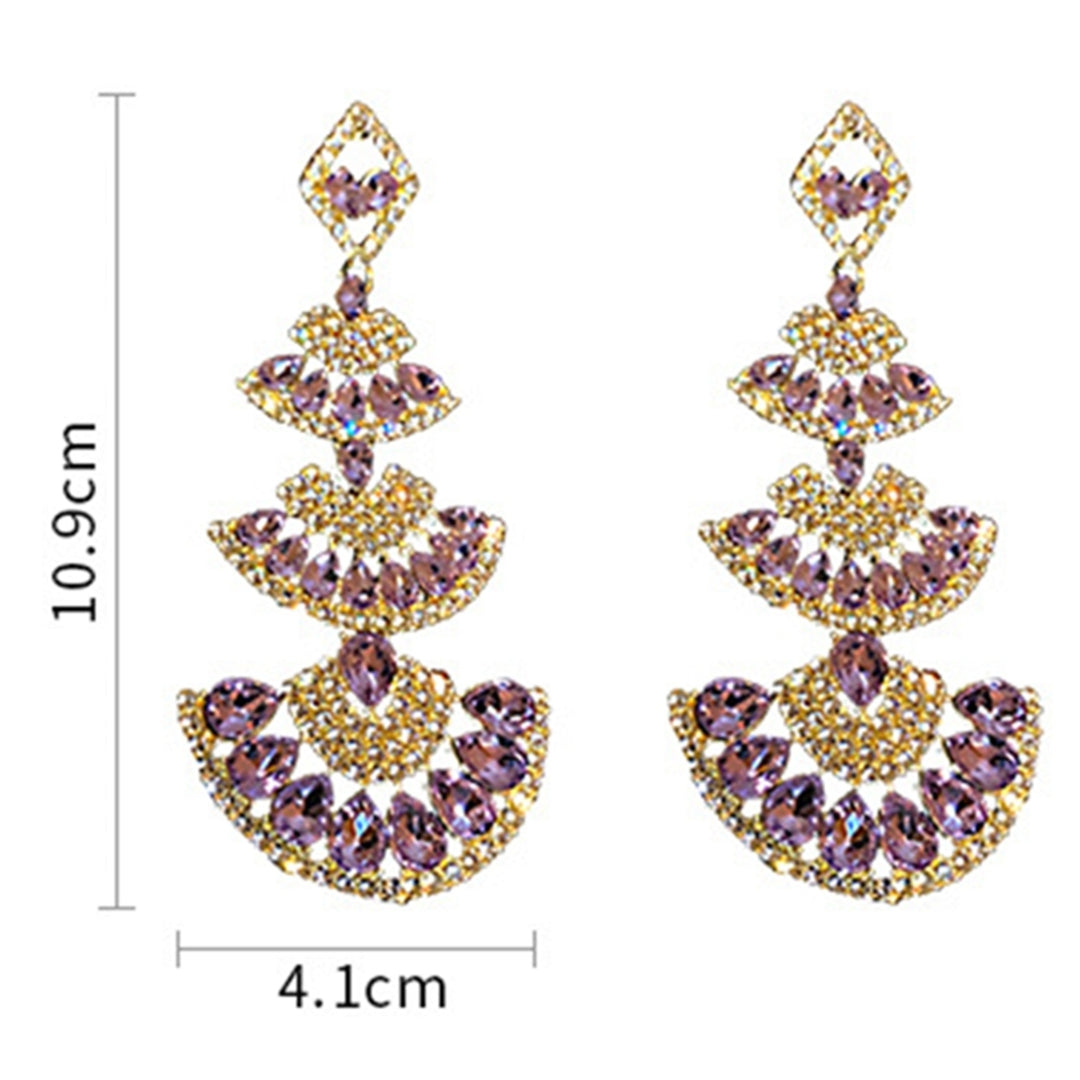1 Pair Lady Dangle Earrings Rhinestone Multi-layer Shiny Fan-shaped Long Dangle Earrings for Gift Image 8