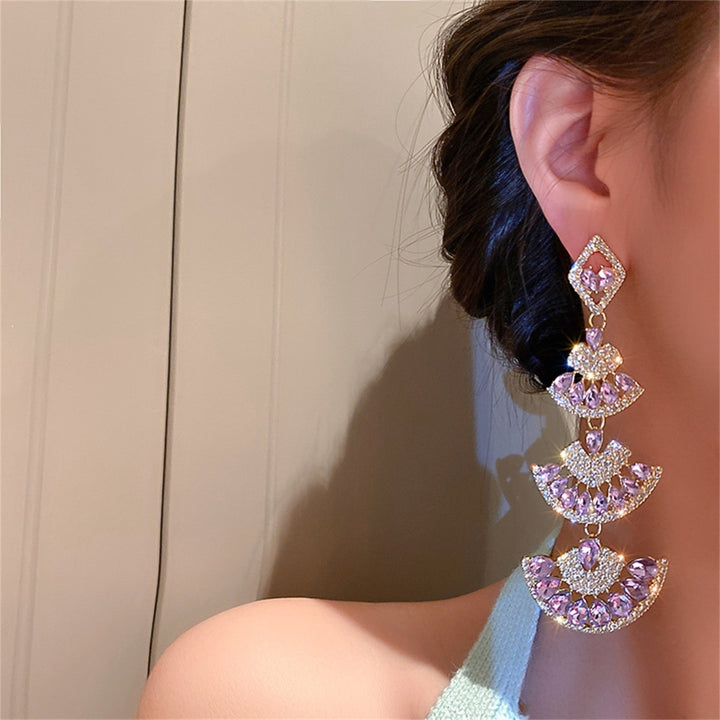 1 Pair Lady Dangle Earrings Rhinestone Multi-layer Shiny Fan-shaped Long Dangle Earrings for Gift Image 9