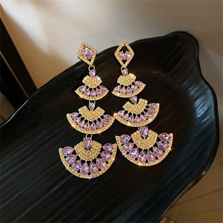 1 Pair Lady Dangle Earrings Rhinestone Multi-layer Shiny Fan-shaped Long Dangle Earrings for Gift Image 11