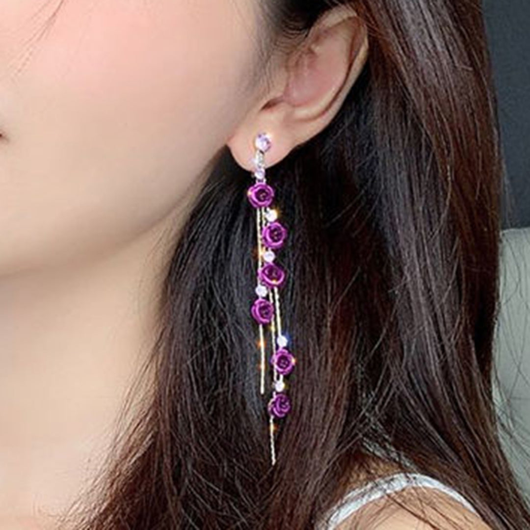 1 Pair Women Earrings Rose Shape Tassel Sweet Rhinestone Dangle Earrings for Gift Image 3