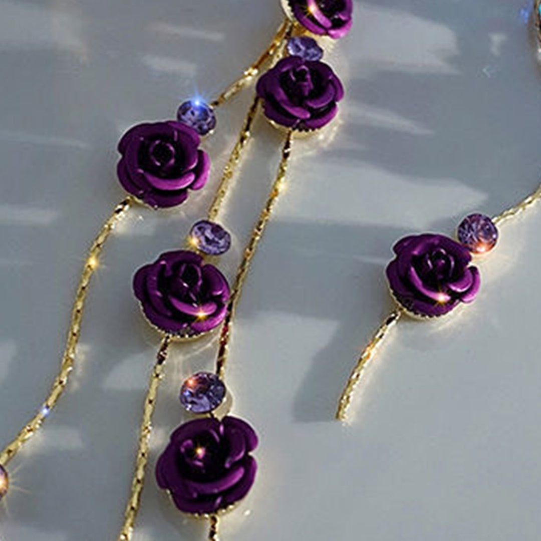 1 Pair Women Earrings Rose Shape Tassel Sweet Rhinestone Dangle Earrings for Gift Image 7