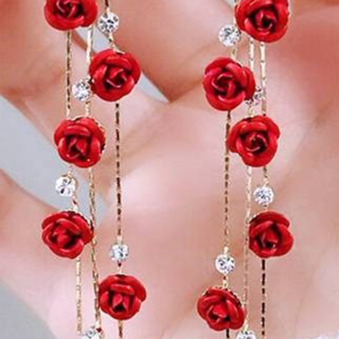 1 Pair Women Earrings Rose Shape Tassel Sweet Rhinestone Dangle Earrings for Gift Image 8