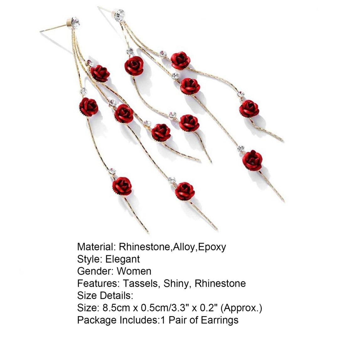 1 Pair Women Earrings Rose Shape Tassel Sweet Rhinestone Dangle Earrings for Gift Image 9