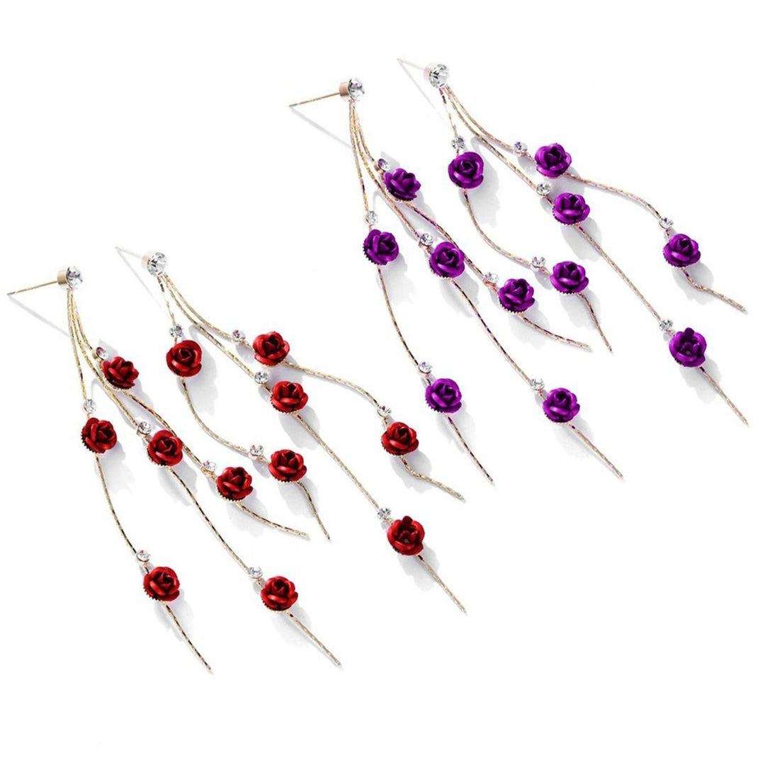 1 Pair Women Earrings Rose Shape Tassel Sweet Rhinestone Dangle Earrings for Gift Image 10