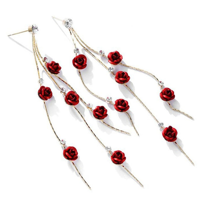 1 Pair Women Earrings Rose Shape Tassel Sweet Rhinestone Dangle Earrings for Gift Image 12
