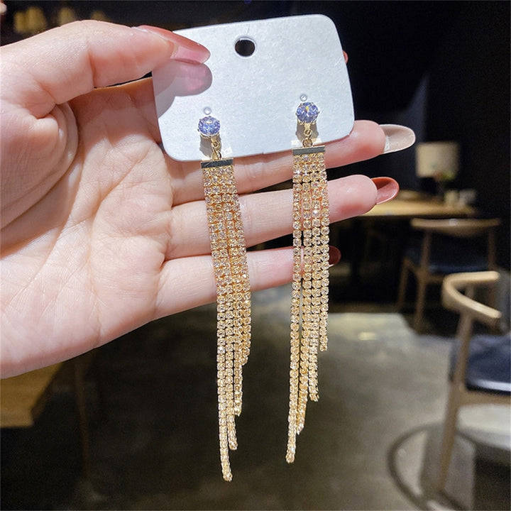 1 Pair Women Earrings Shiny Tassel Exquisite Rhinestone Long Dangle Earrings for Gift Image 3