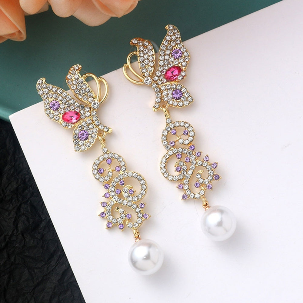 1 Pair Dangle Earrings Butterfly Rhinestones Jewelry Exaggerated Bright Luster Stud Earrings for Wedding Image 2