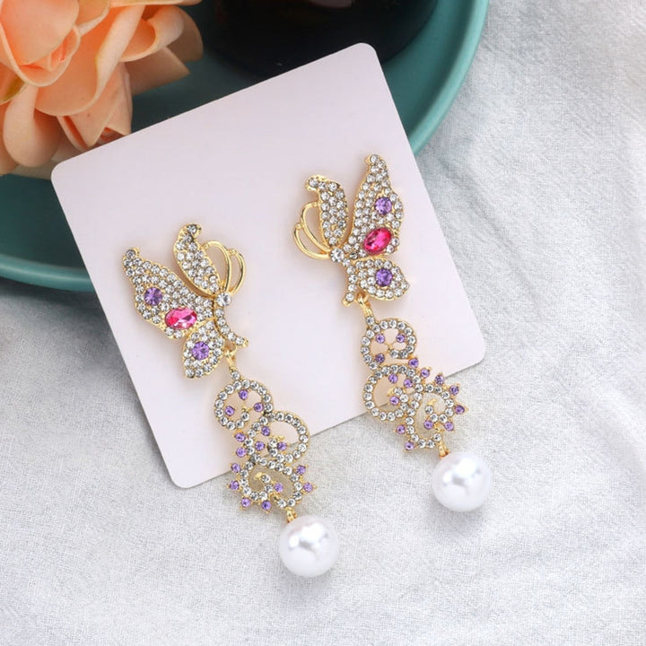 1 Pair Dangle Earrings Butterfly Rhinestones Jewelry Exaggerated Bright Luster Stud Earrings for Wedding Image 3