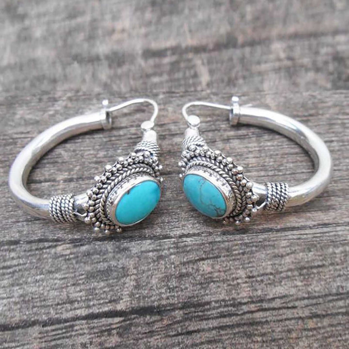 1 Pair Unique Carved Oval Piercing Hoop Earrings Blue Turquoise Bohemia Retro Earrings Jewelry Accessories Image 2