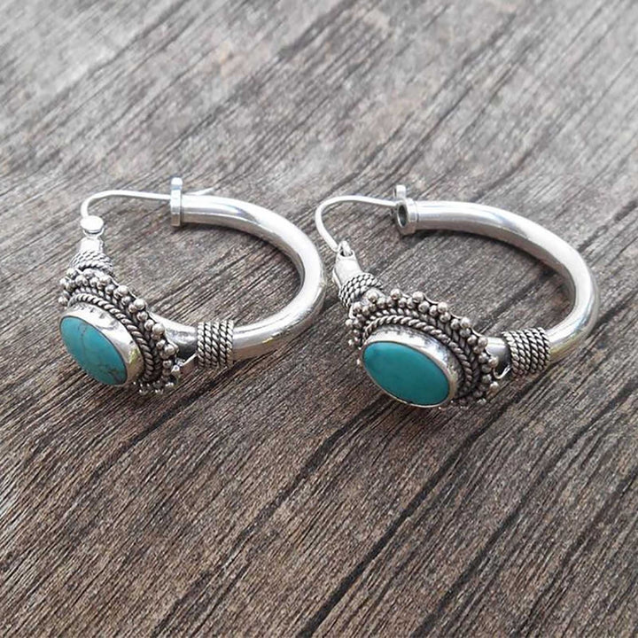 1 Pair Unique Carved Oval Piercing Hoop Earrings Blue Turquoise Bohemia Retro Earrings Jewelry Accessories Image 3