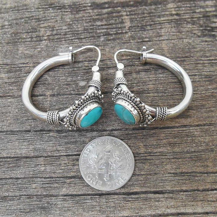 1 Pair Unique Carved Oval Piercing Hoop Earrings Blue Turquoise Bohemia Retro Earrings Jewelry Accessories Image 4