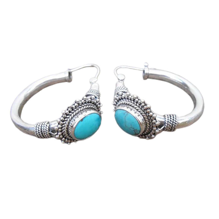 1 Pair Unique Carved Oval Piercing Hoop Earrings Blue Turquoise Bohemia Retro Earrings Jewelry Accessories Image 4